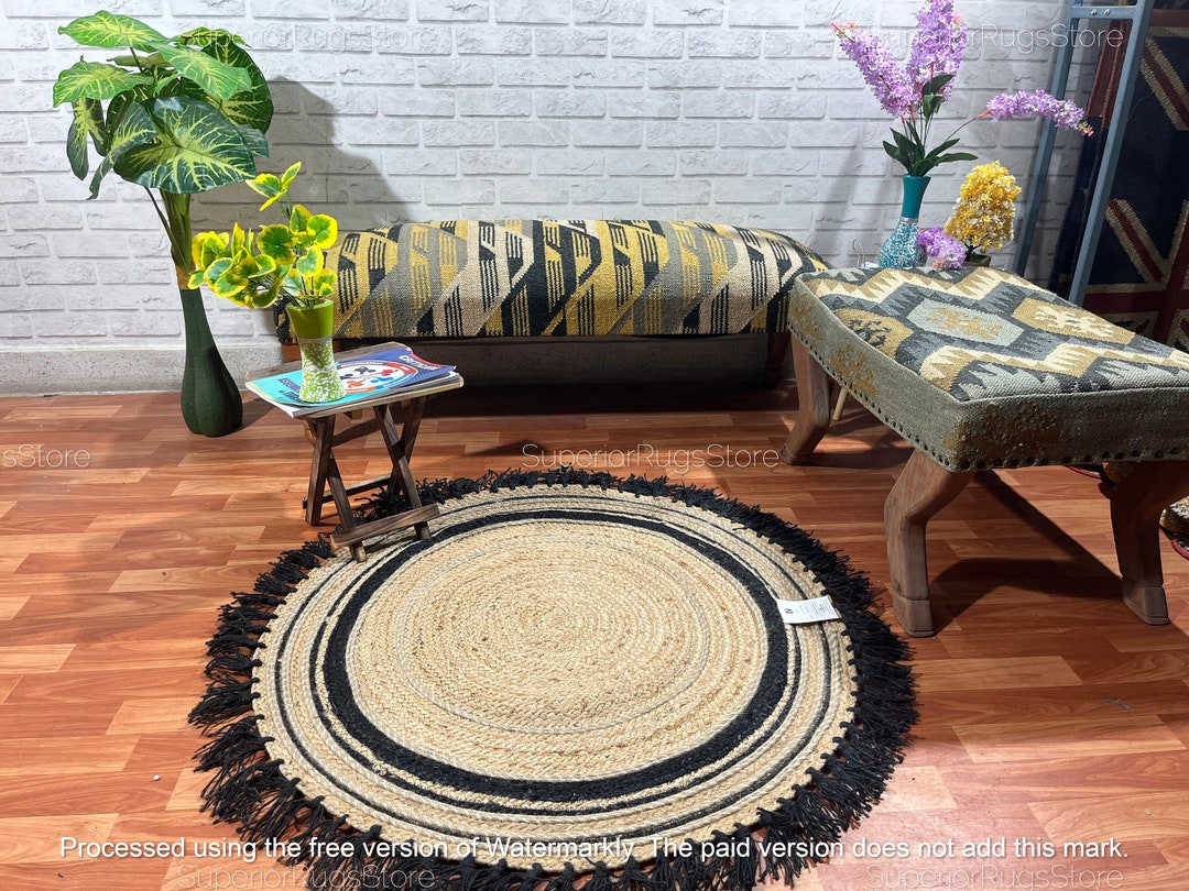 Round Abstract Jute Rug Abstract Pattern Jute Round Rug: Braided Round Carpet Circle Shape Rug ...
