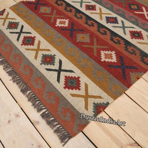 5 x 8 wollen jute kelimtapijt, woondecoratietapijten, nieuw wollen tapijt, vintage karpet, boho decortapijt, handgemaakt wollen jute tapijt