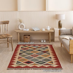 Wool Jute Rug, Handmade Kilim Rug, Kilim Dhurrie Rug, Motifs, Oriental, Traditional Indian, Geometric, Turkish Rug, Custom Rug, Vintage Rug