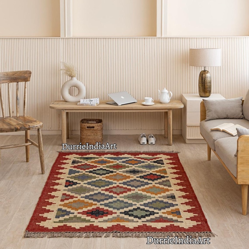 Wool Jute Rug, Handmade Kilim Rug, Kilim Dhurrie Rug, Motifs, Oriental, Traditional Indian, Geometric, Turkish Rug, Custom Rug, Vintage Rug