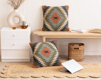 Jute Pillow, Indian Handwoven 2 set of 45x45 Cm jute Pillow covers, Kilim Cushion Covers, Decorative Sofa Pillowcases, Best Christmas Gifts