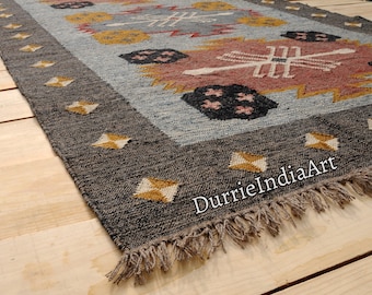 Handwoven Wool Jute Kilim Rug, Wool Jute Rug, Kilim Jute Rug, Flatweave Rug, Bohemian Rug, Indian Dhurrie Rug, Navajo Kilim Rug, Custom Rug