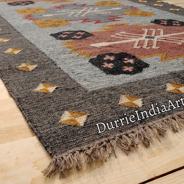 Handwoven Wool Jute Kilim Rug, Wool Jute Rug, Kilim Jute Rug, Flatweave Rug, Bohemian Rug, Indian Dhurrie Rug, Navajo Kilim Rug, Custom Rug