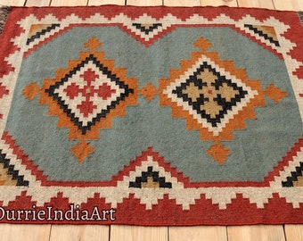 Handmade Wool Jute Kilim Rug, Handwoven Wool Jute Rug, Kilim Jute Rug, Flatweave Rug, Bohemian Rug, Indian Dhurrie Rug