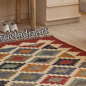 Wool Jute Rug, Handmade Kilim Rug, Kilim Dhurrie Rug, Motifs, Oriental, Traditional Indian, Geometric, Turkish Rug, Custom Rug, Vintage Rug