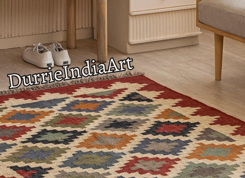 Wool Jute Rug, Handmade Kilim Rug, Kilim Dhurrie Rug, Motifs, Oriental, Traditional Indian, Geometric, Turkish Rug, Custom Rug, Vintage Rug