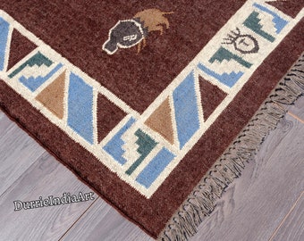 Tappeto in iuta di lana fatto a mano, tappeto Navajo Kilim, tappeto azteco, tappeto d'accento, tappeto da esterno/tappeto da interno, soggiorno/sala da pranzo 5x7