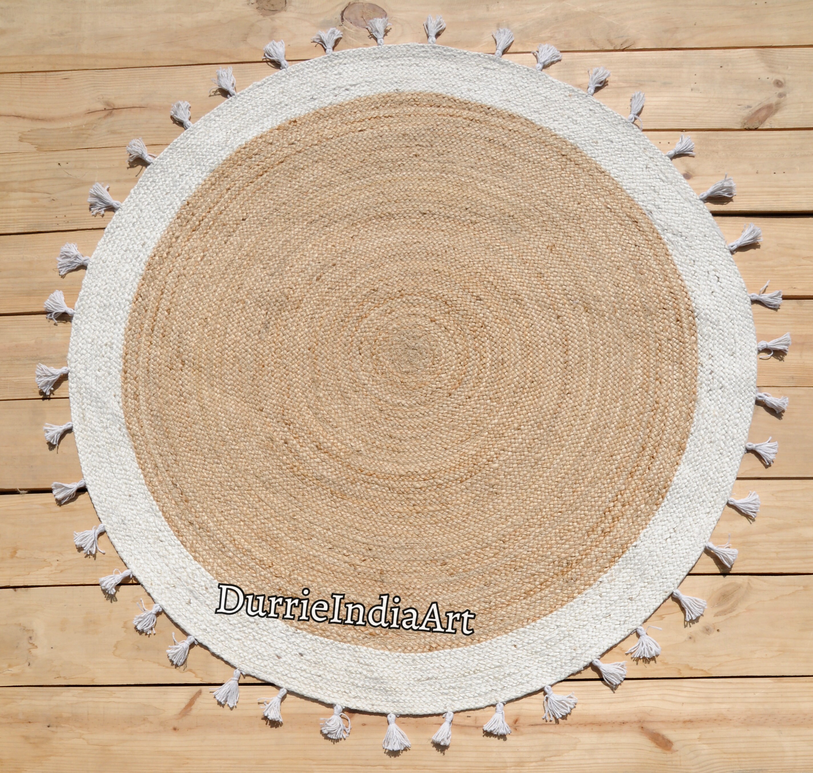 Round Jute Rug - White Tassels Round Rug, Boho Round Rug, Natural Jute ...