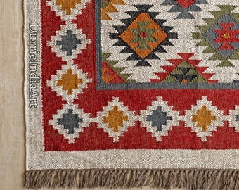 Handwoven Wool Jute Kilim Rug, Geometric Dhurrie, Custom Size