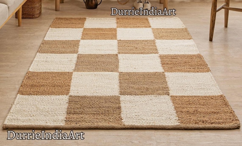 Geometric Rug, Checkered Rug, Checkered Runner Rug, Jute Area Rug, Handmade Rug, Natural Fiber Rug, Boho Home Décor, Eco Friendly Rug, Rustic Décor Rug, Neutral Rug
