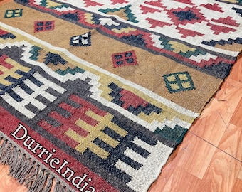 6 x 9 kelimtapijt, handgeweven wol- en jutetapijt handgemaakt, kelim dhurrie-tapijt, traditioneel Indiaas jute vloerkleed aangepast formaat