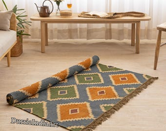 Vintage Wool Jute Kilim Rug, Handmade, Wool and Jute Rug Handwoven, Kilim Dhurrie Rug, Custom Size Rugs, Traditional Indian jute Area Rug