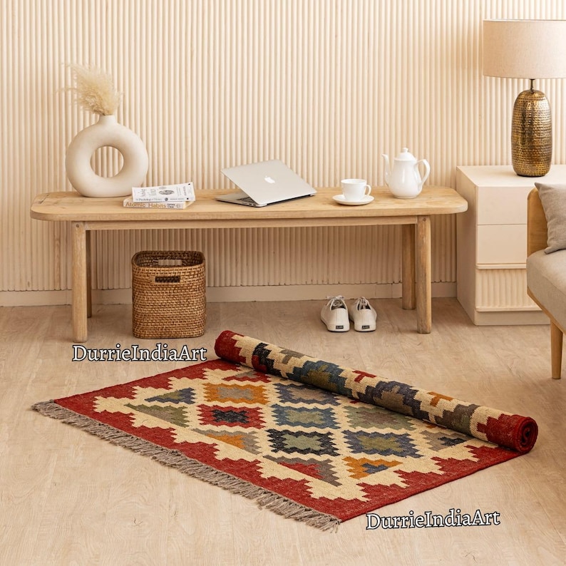 Wool Jute Rug, Handmade Kilim Rug, Kilim Dhurrie Rug, Motifs, Oriental, Traditional Indian, Geometric, Turkish Rug, Custom Rug, Vintage Rug