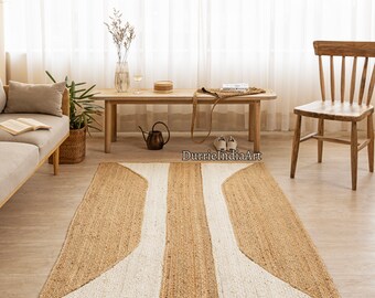 Handmade Geometric jute rug: Rectangular Braided jute carpets for kitchen, Custom size available, Modern home décor area jute Doormat