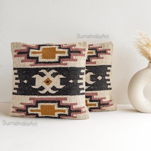 Set of 2 Indian Handwoven Wool Jute Cushion Cover, 18x18 Inches Jute Pillows Ethnic Vintage Throw Pillow Cases Decorative Shams