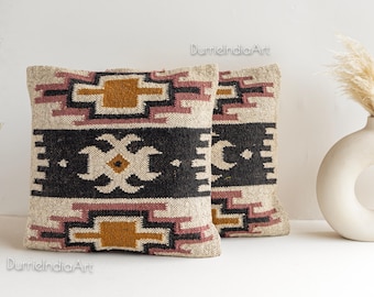Set of 2 Indian Handwoven Wool Jute Cushion Cover, 18x18 Inches Jute Pillows Ethnic Vintage Throw Pillow Cases Decorative Shams