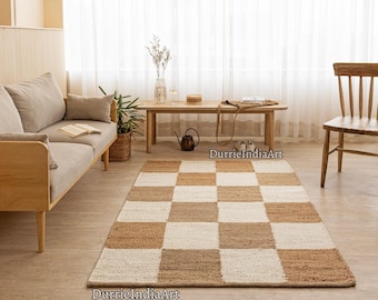 Checkered Rug, Boho Natural Jute Rug, Textured Box Area Rug, Bohemian Rug, Custom Size Rug, Off White Rug, Jute Runner Rug, Modern Rug