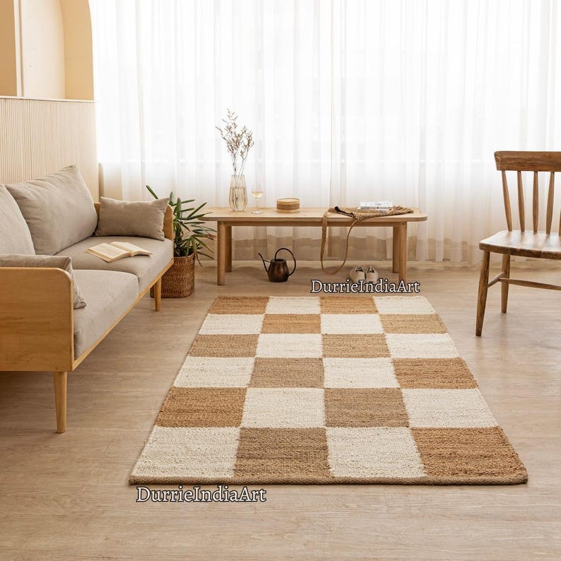 Geometric Rug, Checkered Rug, Checkered Runner Rug, Jute Area Rug, Handmade Rug, Natural Fiber Rug, Boho Home Décor, Eco Friendly Rug, Rustic Décor Rug, Neutral Rug