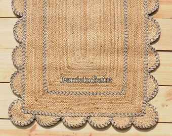 Alfombra de yute natural: alfombra con bordes ondulados, alfombra de yute festoneada, alfombra bohemia, alfombra de yute festoneada, alfombra rectangular de yute, alfombra de yute festoneada, alfombra personalizada