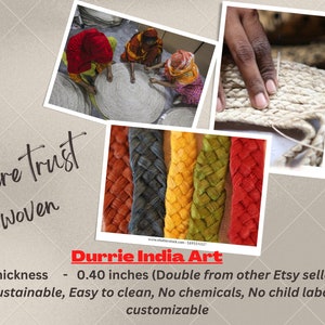 May include: Close-up of a hand weaving a colorful braided rug. The rug is made of natural fibers and is being woven by hand. The text "Durrie India Art" is visible in the image. The text "where trust is woven" is also visible in the image. The text "Thickness - 0.40 inches (Double from other Etsy sellers)" is visible in the image. The text "Sustainable, Easy to clean, No chemicals, No child labour, customizable" is also visible in the image.