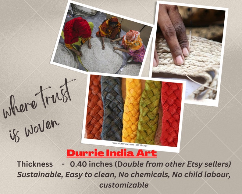 May include: Close-up of a hand weaving a colorful braided rug. The rug is made of natural fibers and is being woven by hand. The text "Durrie India Art" is visible in the image. The text "where trust is woven" is also visible in the image. The text "Thickness - 0.40 inches (Double from other Etsy sellers)" is visible in the image. The text "Sustainable, Easy to clean, No chemicals, No child labour, customizable" is also visible in the image.