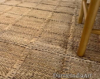 Handgewebter Hanfteppich Dhurrie, handgeflochtener Teppich aus natürlichem Jutehanf, Hanf-Juteteppich, Jute-Bettseitenteppich, Jute-Bereichsläufer, traditionell, natürlich