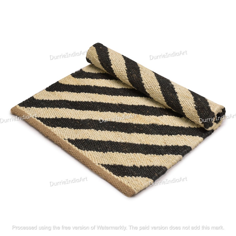 Handwoven Natural Beige Black Hemp Jute Rug, Large Area Hallway Indian Jute Hemp Rug, Reversible Hemp Rug, Large 6x9 FT Area Rug