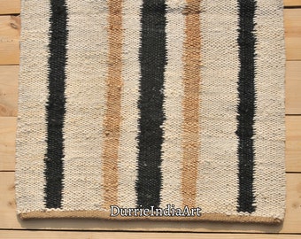 Thick Durable Hand Loomed Off White Jute Hemp Runner/Rug with Black Stripes Large Area Jute Rug Custom Size Rug Decorative Boho Rug