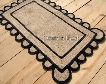 Alfombra de yute tejida a mano, borde negro, borde festoneado