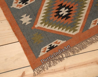 5x8 , 6x9 Ft, Kilim Rug Handwoven Wool Jute Rug Handmade Kilim Dhurrie Rug, Boho Decor Rug, Indian Dhurrie Rug, Indoor/Outdoor Rug