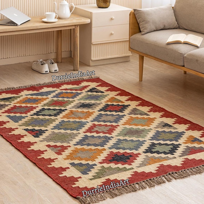 Wool Jute Rug, Handmade Kilim Rug, Kilim Dhurrie Rug, Motifs, Oriental, Traditional Indian, Geometric, Turkish Rug, Custom Rug, Vintage Rug