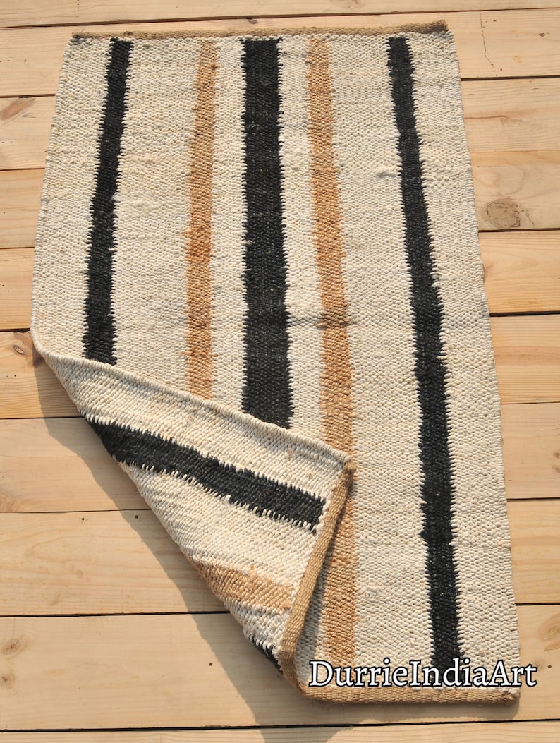 Thick Durable Hand Loomed off White Jute Hemp Runner/rug With Black