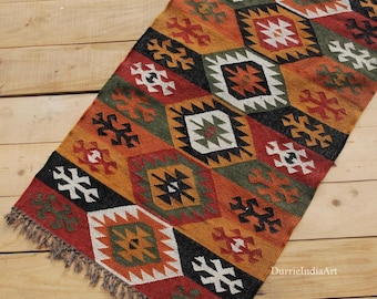 Wool and Jute Rug Handmade, Kilim Dhurrie Rug, Traditional Indian/WOOL JUTE RUGS, Kilim Wool and Jute Rug Handmade Kilim Dhurrie Rug