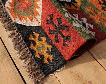 Wool Jute Rug Kilim Area Rug, Handmade Kilim Runner Rug, Boho Hallway Rug, Vintage Kitchen Rug, Outdoor Handwoven Wool Rug Custom Size Rug
