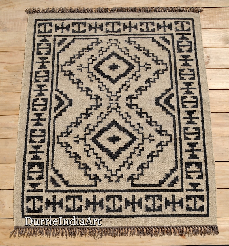 Alfombra Kilim grande hecha a mano, tejida a mano, de lana y yute, Kilim Dhurrie, motivos orientales, tradicionales indios, geométricos y turcos. imagen 8