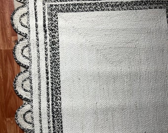 Jakobsmuschel-Juteteppich, weißer Jute-Jakobsmuschel-Boho-Dekor, handgefertigter Teppich, weißer Juteteppich, individuell in jeder Größe und Form