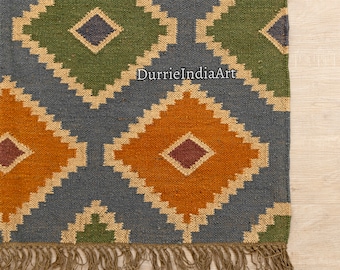 Handwoven Wool Jute Kilim Rug, Bohemian Flatweave Area Rug, Navajo Style Large Handmade Carpet