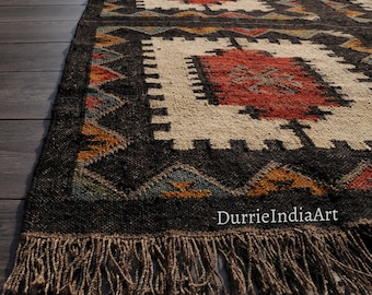 Vintage Wool Jute Kilim Rug, Handwoven, Wool and Jute Rug Handmade, Kilim Dhurrie Rug, Traditional Indian jute Area rug