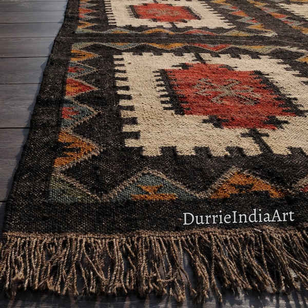 Vintage Wool Jute Kilim Rug, Handwoven, Wool and Jute Rug Handmade, Kilim Dhurrie Rug, Traditional Indian jute Area rug