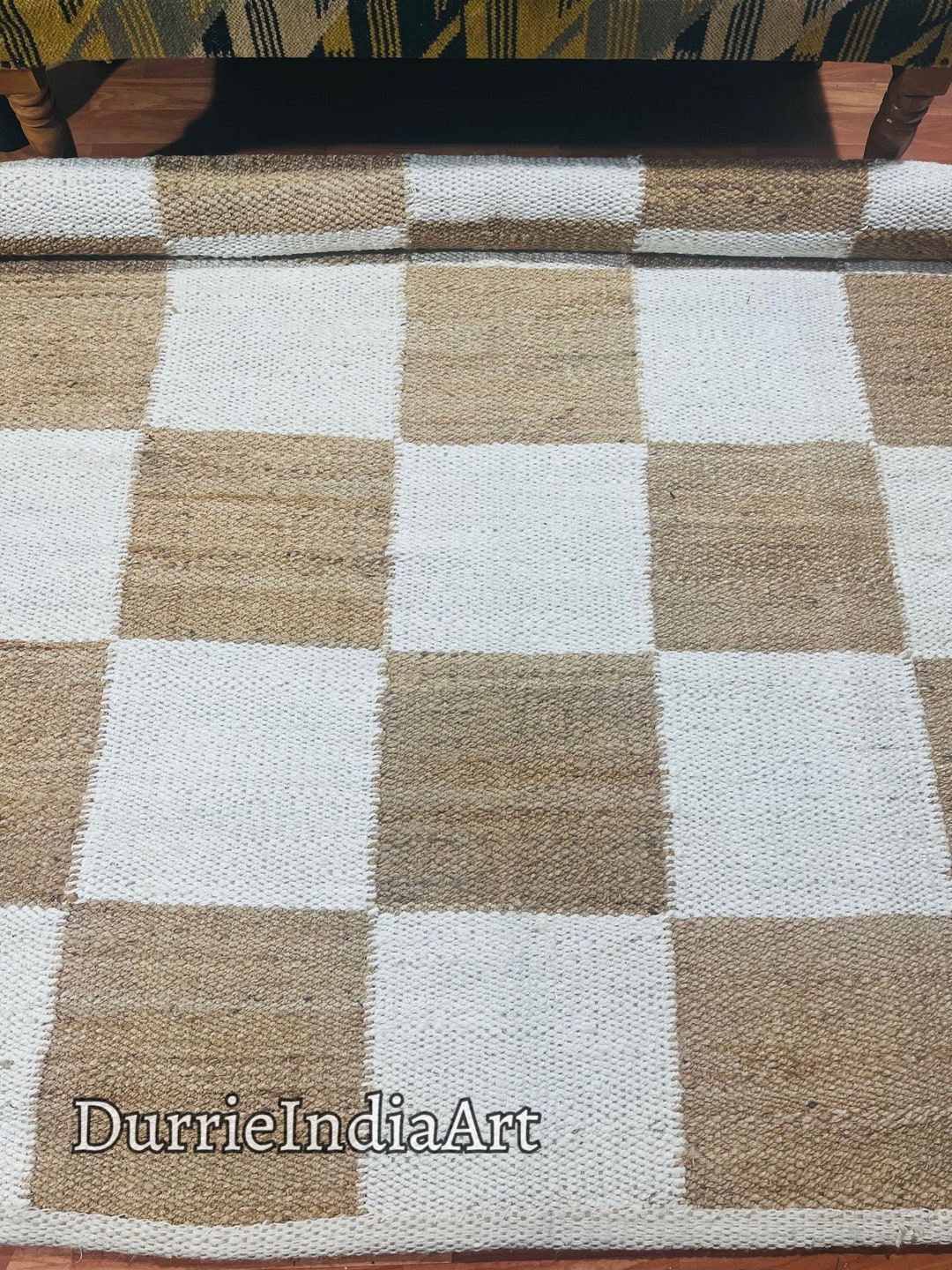 Checkred Rug Handmade Hemp Runner Rug, White Checkered Rug, Solid Jute ...