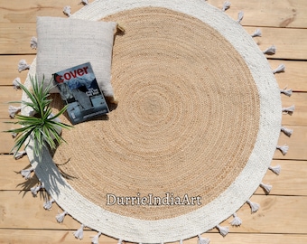 Alfombra redonda de yute - Alfombra redonda con borlas blancas, alfombra redonda estilo bohemio, alfombra de yute natural, alfombra redonda con borde, alfombra circular, alfombra redonda para decoración del hogar, alfombra personalizada