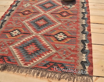 Kilim Rug, Handgeweven, Wol en Jute Rug Handgemaakt, Kilim Dhurrie Rug, Traditioneel Indiaas jute Gebiedskleed