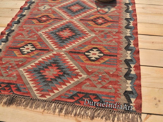 Kilim Rug, Handwoven, Wool and Jute Rug Handmade, Kilim Dhurrie Rug, Traditional Indian jute Area rug