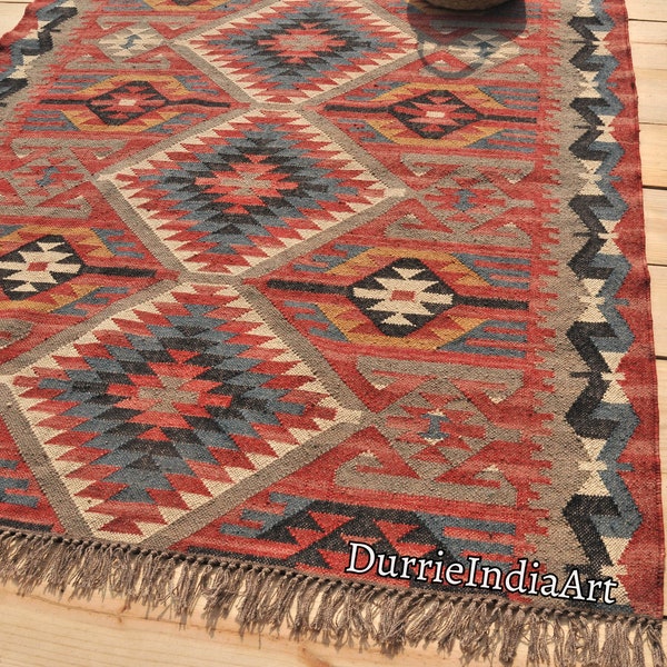 Kilim Rug, Handwoven, Wool and Jute Rug Handmade, Kilim Dhurrie Rug, Traditional Indian jute Area rug