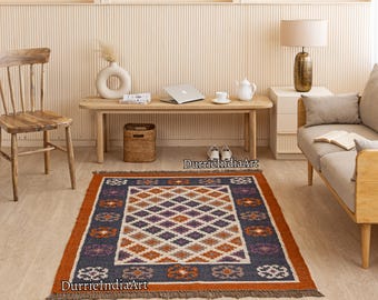 Handmade Wool Jute Kilim Rug, Aztec Navajo Design