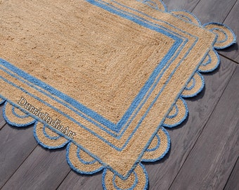Scalloped Jute Rug, Natural Fiber Area Rug, Boho Farmhouse Style Runner