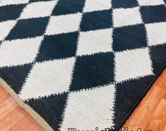 Handwoven Beige With Black Diamond Shape Large Area Jute Rugs-Jute Rugs in Dining Table -Hemp Jute Rugs, Handmade Hemp Rug For Bedroom