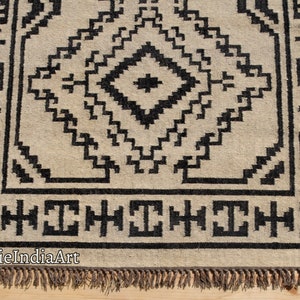 Alfombra Kilim grande hecha a mano, tejida a mano, de lana y yute, Kilim Dhurrie, motivos orientales, tradicionales indios, geométricos y turcos. imagen 2