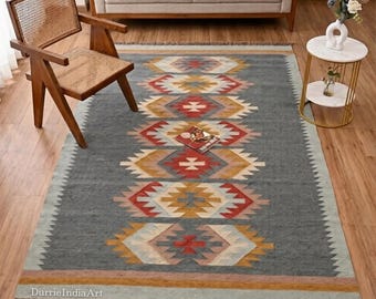 Kilim Rug, Handwoven Rug Wool Jute Rug, Kilim Jute Rug, Flatweave Rug, Bohemian Rug, Indian Dhurrie Rug, Navajo Kilim Rug, Custom Rug