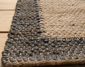 Natural Hemp Rectangle Jute Rug With Black Border Hemp Rug Large Area Hemp Jute Rug Hallway Décor Hemp Rug For Living Room Area Vintage Rug